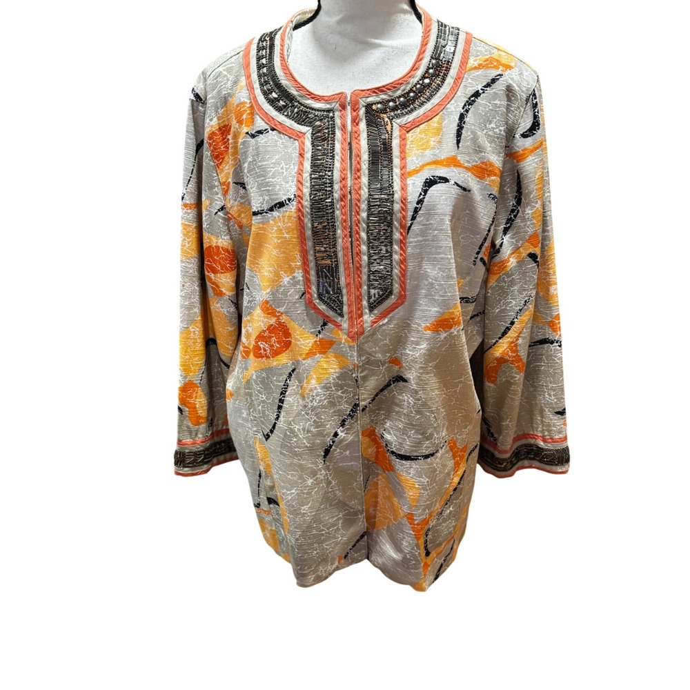 Chico's Ansley Trinket Delight Beaded Jacket Orange Tan Abstract Cotton Size 3 L